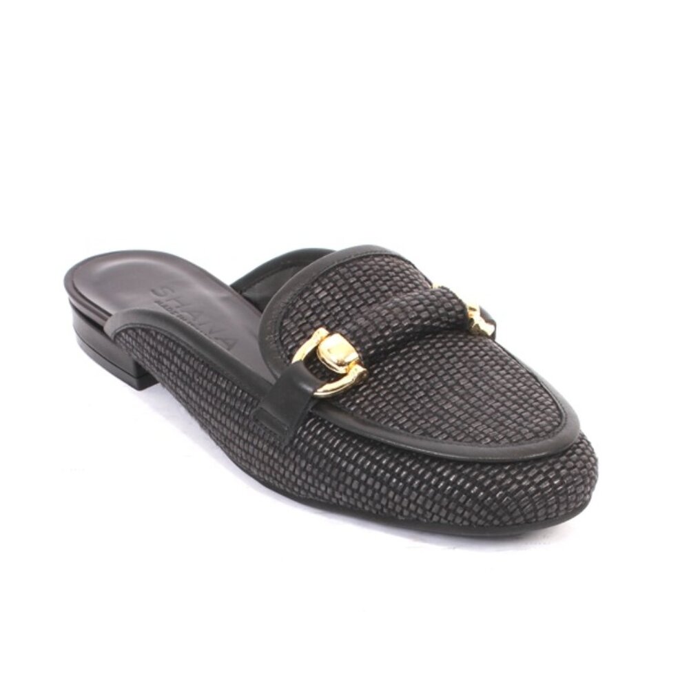 Shana 077 Black Raffia Leather Mules Pumps Loafers Shoes